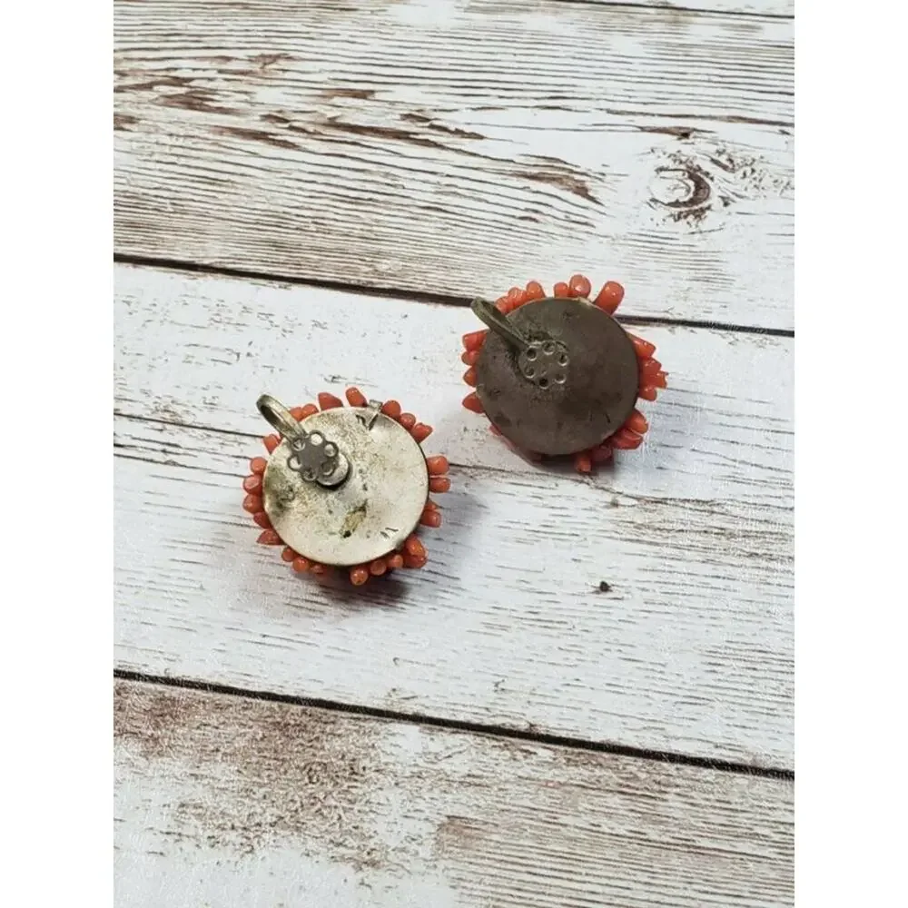 Vintage Screw On Earrings Orangey Red Spikey Beads